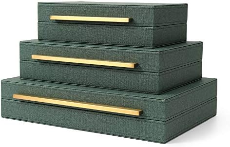 Kingflux Faux Leather Set of 3 Pcs Decorative Boxes , Storage Boxes Linen Fabric Texture For Jewelry Organizer, Men's Accessory Organizer (Green)