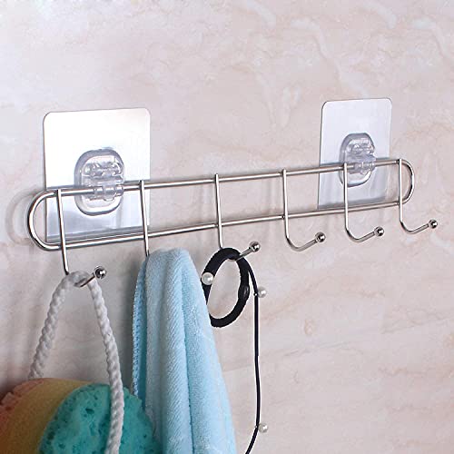 Image of iSTAR Heavy Duty Adhesive Wall Hooks Rack | No Drill Multipurpose Kitchen & Bathroom Organizer | Strong Self Adhesive Hanging Hooks for Towels, Utensils, Clothes, Bags (6 Hooks) - Silver