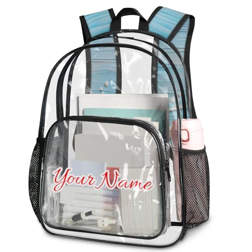 Personalized Small Clear Backpack Stadium Approved Heavy Duty PVC Plastic Custom Starfish and Seashells Blue Transparent Backpacks See Through Bag with Name, Beach Coastal Nautical