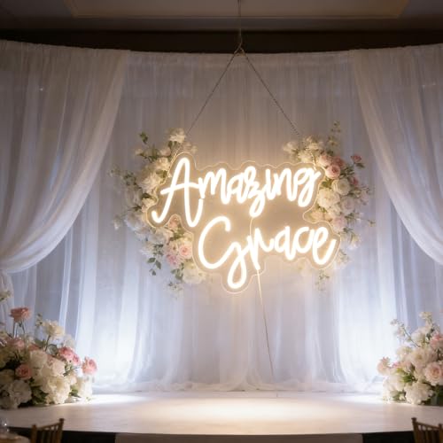 Image of inchAmazing Grace inch Hymn Quote Light - Inspirational & Timeless LED Wall Art for Church, Chapel, Prayer Room or Home Sanctuary Decor, Dimmable USB, Comforting Spiritual Gift of Hope & Peace
