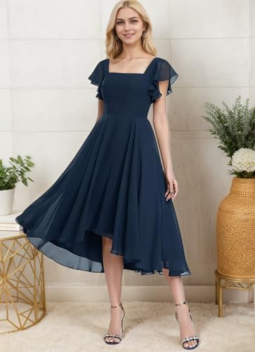 Chiffon Bridesmaid Dresses for Women High Low Prom Dress Flutter Sleeve Square Neck Tea Length Formal Dress3