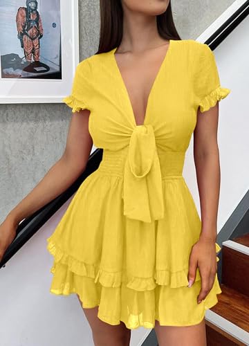 PRETTYGARDEN Women Summer Mini Short Dress 2025 Short Sleeve Casual Beach Vacation Sundress V Neck Tiered Sun Dresses