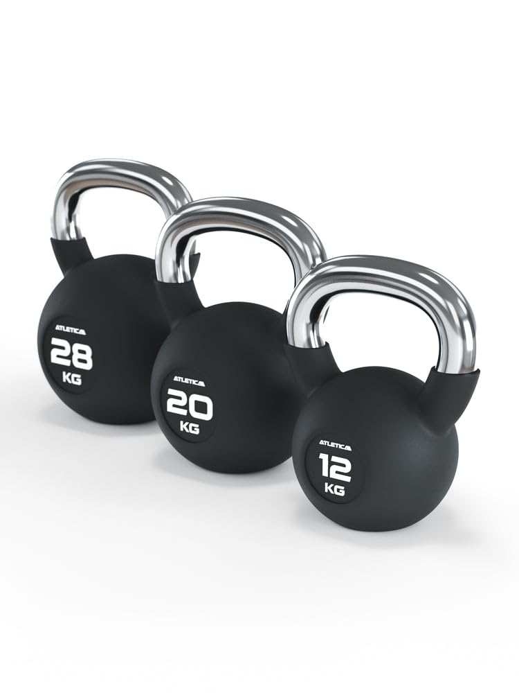 ATLETICA Kettlebell Set | Compete | 12, 20, 28 kg | gumowane hantle kulkowe z chromowanym uchwytem | wysokiej jakości stop stali | jakość studyjna | trening funkcjonalny całego ciała