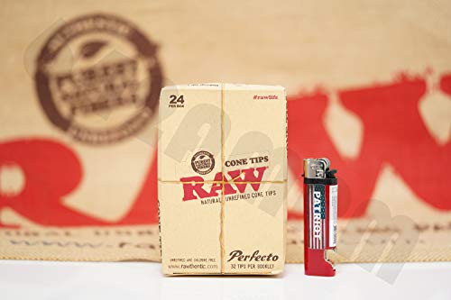 Bundle - 2 Items - Full Box 24 Packs(32 Tips Per Pack) Of AUTHENTIC Raw Rolling Paper Perfecto Cone Tips And Patriot Lighter