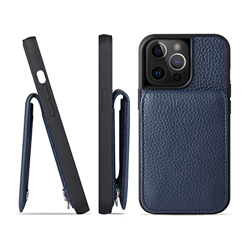 iPhone 14 Pro ケース 本革 シュリンクカーフレザー カードポケット フラップ スタンド機能 ショルダーストラップ 耐衝撃 ハンドメイド ギフト シンプル メンズ レディース スマホケース 紺 ブルーインディゴ SCPG-14Pro-BlueIndigo