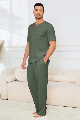 Image of JiniGolla Mens Pajamas Set Soft Short Sleeve Top and Pant Loungewear Sets 2 Piece Pjs with Pockets