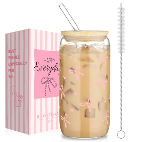 Set di bicchieri pregiati: la confezione include 1 barattolo in vetro, 1 cannuccia in vetro, 1 coperchio ermetico in bambù e 1 spazzola per la pulizia. Il nostro bicchiere trasparente è stampato con tanti bellissimi e graziosi fiocchi e cuori rosa. Il suo stile raffinato e la sua praticità quotidiana lo rendono un souvenir prezioso.