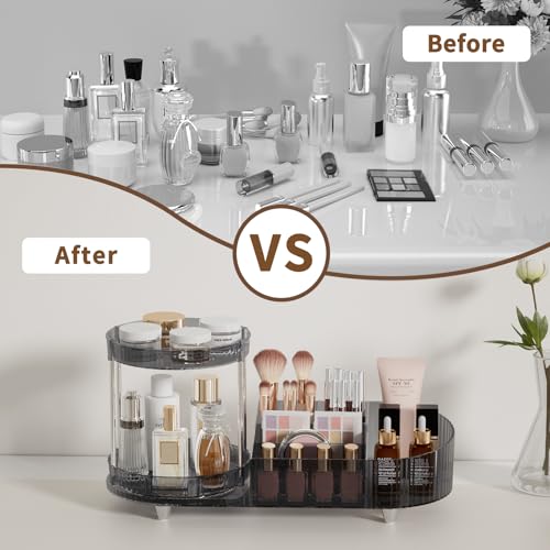 Image of Makeup Organizer Countertop for Vanity, 360 Rotating Perfume Tray with 5-compartment Cosmetic and Skincare Organizers, Multi-Purpose Desk Storage Makeup Brush Holder for Bathroom Bedroom Counter