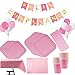 Juego Vajilla Fiesta,Platos para Fiestas de Helados, para Niñas Cumpleaños Fiesta de Bodas Fiesta de Bienvenida al Bebé Vajilla Vajilla Papel Cumpleaños Rosa para 16 Invitados… (Rosa Liso)…