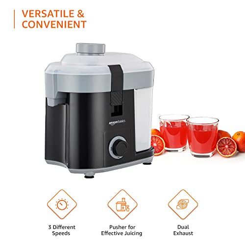 Image of amazon basics 450 W CENTRIFUGAL JUICER WITH PUSHER | REMOVABLE PULP CONTAINER | SS MESH FILTER & 3 SPEED SETTINGS I FOR JUICING FRUITS | VEGITABLES & MORE | ISI-MARKED | BLACK 450 Watts