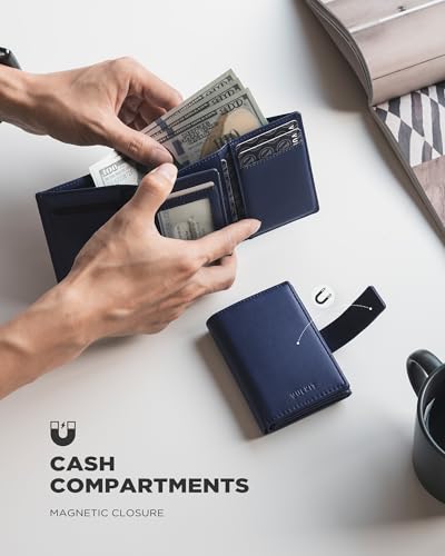 VULKIT Mens Leather Trifold Wallet with Airtag Card Case, Magnetic Closure, for Max. 10-14 Cards, Dark Blue4