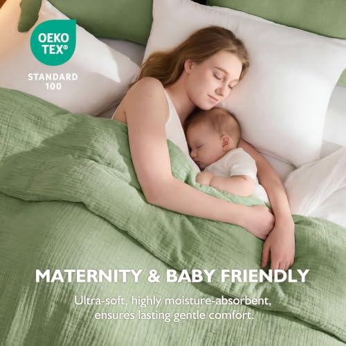 Image of EMME Muslin Cotton Duvet Cover Set King Size Linen Like Soft Breathable Lightweight Summer Comforter Cover Set with Zipper Closure (Sage Green, King)