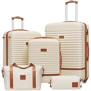 COOLIFE Suitcase Set 5PC: 28/24/20" + Weekenders, ABS Hard Shell Lightweight, 360°Wheels & TSA Locks Travel Luggage Sets - for Europe, Cruise, Study Abroad & Family Travel White/Brown