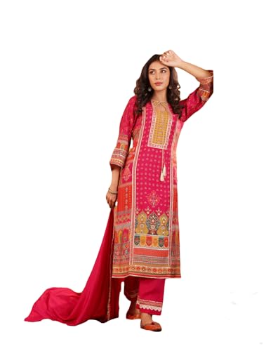 Image of Varanga Women Fuchsia Pink Ethnic Printed Straight Kurta with Embroidered Trouser - Stylish Ethnic Set