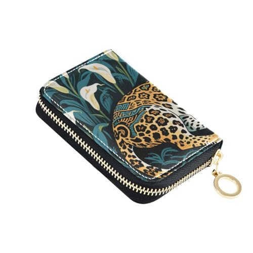 Tribal Style Leopard White Calla Lily leather card holder wallet for women With 9 cards slot RFID Blocking card holder women with zipper