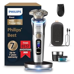 Philips Shaver i9000 Prestige Ultra, Wet & Dry Electric Shaver, Chrome, Skin IQ Pro Technology, Triple Lift & Cut System, 360 Rotating NanoTech Precision Blades, 5 Shaving Modes, Model XP9404/31