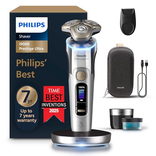Philips Shaver i9000 Prestige Ultra, Wet & Dry Electric Shaver, Chrome, Skin IQ Pro Technology, Triple Lift & Cut System, 360 Rotating NanoTech Precision Blades, 5 Shaving Modes, Model XP9404/31