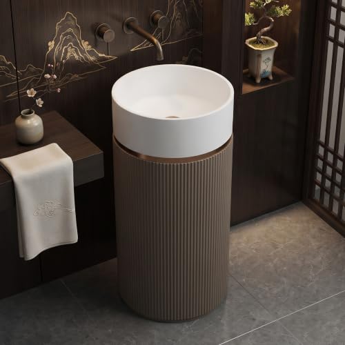 Image of Plantex Acrylic Resin & Quartz Free Standing Wash Basin /Pedestal Wash Basin /Round Basin for Bathroom /Home /Office /Restaurant- (10034, White & Coffee)