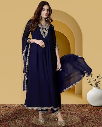 Image of Amazon Brand - Tavasya Women Poly Georgette Zari Sequence Embroidered Kurta with Pant and Dupatta | Salwar Suit | Kurta Set