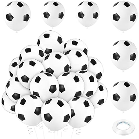 PLULON 25 Pcs Football Balloons 12 Inch Black White Latex Soccer Balloons Birthday Balloons with Ribbon for Kids Birthday Sports Themed Party Decorations Football Party Supplies for Boys Cover