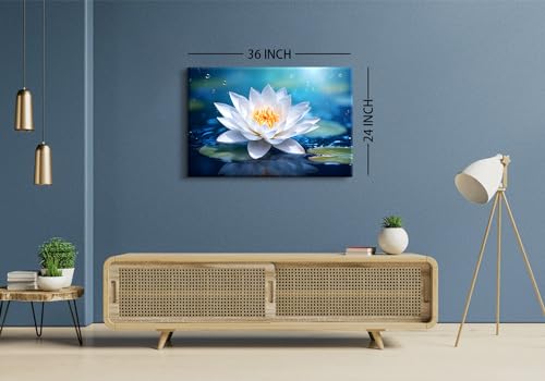 Image of Lotus Wall Art Zen Decor Bloom Lotus Flower in Water Landscape Pictures Yoga Spa Meditation Room Decorations Spiritual Canvas Painting White Floral Poster Prints Large Artwork for Living Room 24x36 inch
