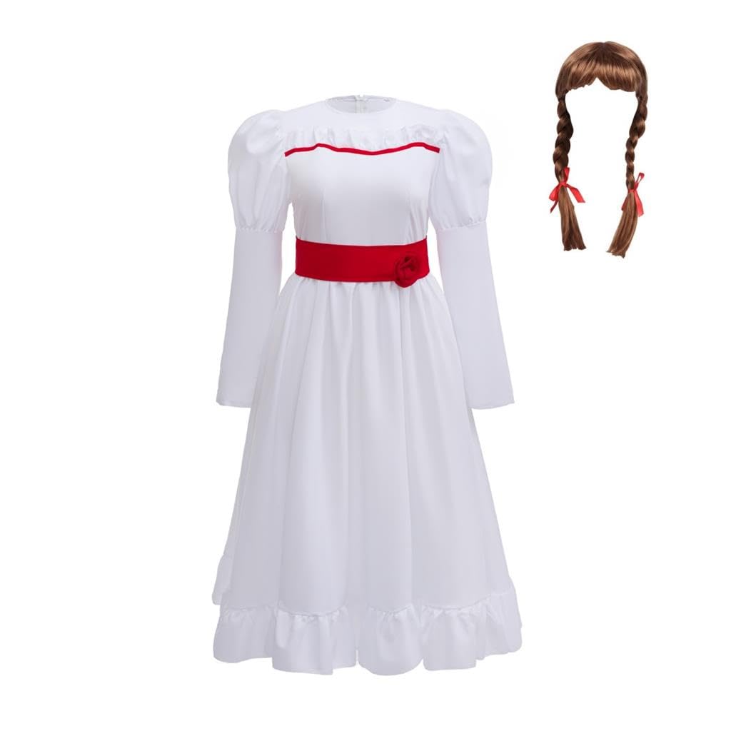 Lito Angels Girls Haunted Doll Fancy Dress Costume with Wig Red Rose Belt Scary White Outfit for Halloween World Book Day Fancy Dress Party Age 8-9 Years