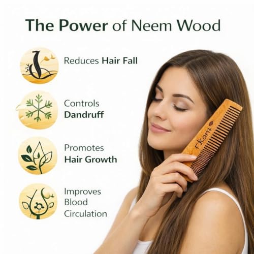 Image of R.Kant Neem Wood Comb for Women & Men | Dual Teeth Wooden Hair Comb | Wide & Fine Tooth Detangling Shampoo Comb | Anti-Static | Smooth Rounded Teeth | Gentle Scalp Massage | Natural Wooden Comb | 1 Piece