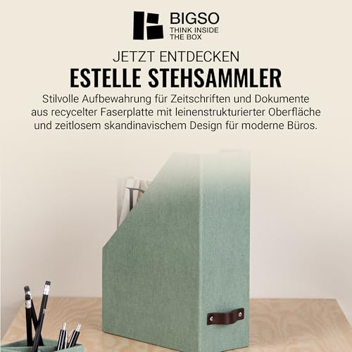 BIGSO ESTELLE Stehsammler für Zeitschriften, Magazine und Akten – praktischer Organizer aus Faserplatte und Papier in Leinenoptik – stabiler Zeitschriftenhalter mit Griff – mintgrün