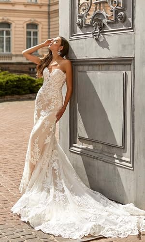 Beach Mermaid Wedding Dresses for Bride 2024 Lace Appliques V Neck Long Boho Bride Dress with Train3