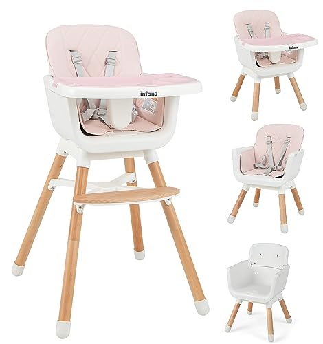 Image of INFANS Baby High Chair, 6 in 1 Convertible Wooden Highchair with Adjustable Legs Double Removable Tray 5-Point Harness Footrest and PU Cushion, Infant Feeding Chair for Babies and Toddlers