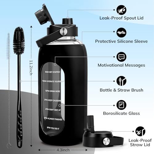 Image of Aqulea 64oz oz Glass Water Bottle with 2 Lids - Spout & Straw Lids, Borosilicate Glass Water Bottle with Time Marker & Silicone Sleeve, Leakproof