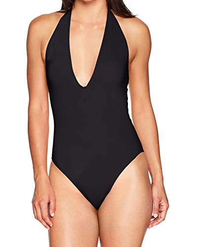 French Connection Women's One Piece Solid Swimsuit, Black Halter, X-Small