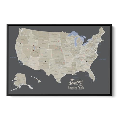Image of United States Travel Map with Pins - Earth Tone USA Pinnable Map to Track Travels - Large Canvas Wall Art Gift for Travelers - Black Float Frame - 30 inch x 45 inch