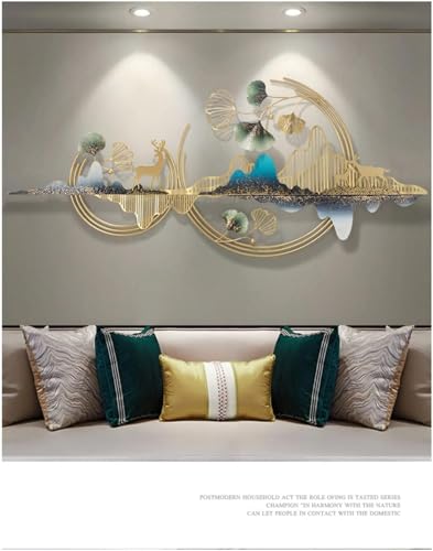 Image of F-RIQA METAL Large Golden Deer & Mountain Abstract Leaf Design Luxury Wall Hanging Decoration for Living Room, Bedroom, Hallway & Office (Asian) | 150 x 67 cm, 3D Abstract Leaf Design, Luxury Modern Nature Decor, For Living Room, Bedroom, Office