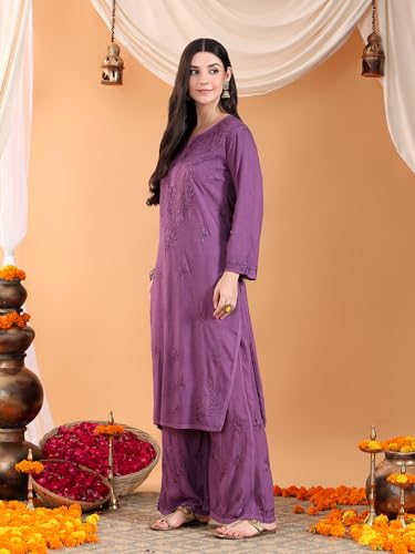 Image of POSHAK CHIKAN STUDIO Women's Hand Embroidered Lucknowi Chikankari Rayon Co-ord Set