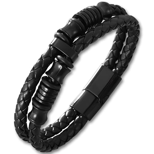 Pulsera de cuero trenzado negra con ornamentos de acero inoxidable miniatura 1