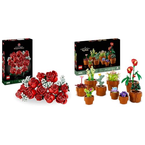 LEGO Icons Botanical Collection Le Bouquet de Roses, Fleurs Artificielles pour Décorer la Chambre & 10329 Icons Les Plantes Miniatures, 9 Fleurs Artificielles à Construire
