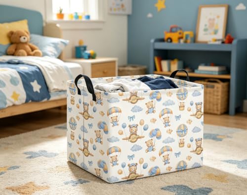 Image of Rectangular Baby Kids Storage Basket for Home Kitchen Girls Cute Toy Storage Bin Organizer Shelf Book Room Decor(Bear Pilot)
