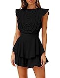 AIMCOO Women's Flutter Sleeve Crochet Lace Overlay Romper Dress Crewneck Waist Tie Rompers Tiered Ruffle Short Jumpsuits Black