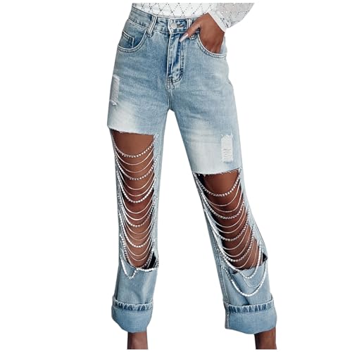 Womens Ripped Rhinestone Jeans Trendy High Waisted Stretchy Distressed Denim Pants Baggy Casual Vintage Y2k Trousers