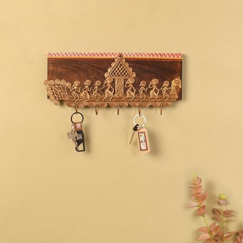 Image of AAKRITI ART CREATIONS Heritage Charm Brass Key Hook Set, Dhokra Art Teak Wood Wall Hanging Panel Set of 1, Brown Wall Decor Key Holder | Matte Finish Wooden | Decor for Entryway, Living Room, Office