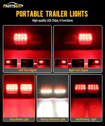 Image of Partsam Wireless LED Trailer Light Kit Magnetic Towing Tail Light Portable Universal Stop Turn Running Backup Reverse Red+Clear Lens w / 7-Pin Plug Dual USB Cable Charger for Trucks Trailers 12-24V