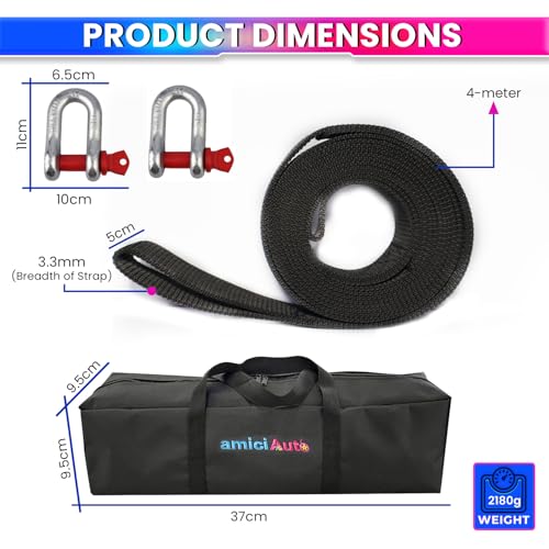 Image of amiciAuto Heavy-Duty 5 Ton Tow Strap - 4m Length, High-Strength Nylon Recovery Strap with Reinforced Loops, Ideal for Vehicle Towing and Off-Road Recovery