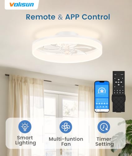 Image of VOLISUN Low Profile Ceiling Fans with Lights and Remote, 16in Fandelier Ceiling Fan Flush Mount, 3000K-6500K Smart Bladeless LED Fan Light, White Modern Ceiling Fans with Lights for Bedroom