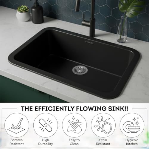 Image of ARQUIN Quartz Sink 24x18x9 Inch Black Round Corner | Single Bowl Sink | Durable & Scratch-Resistant | Undermount /Topmount Including Coupling, Waste Pipe & Fruit Washing Basket
