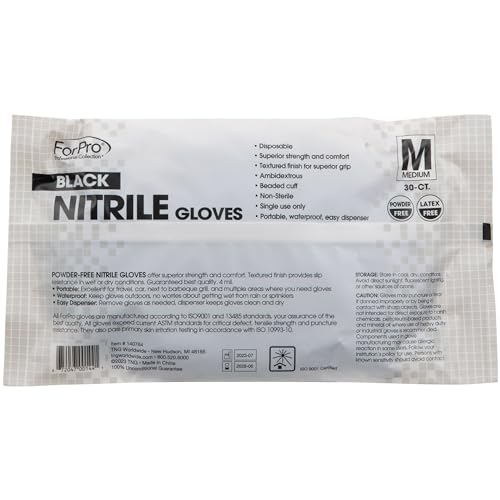 ForPro Professional Collection Disposable Nitrile Gloves, Chemical Resistant, Powder-Free, Latex-Free, Non-Sterile, Food Safe, 4 Mil, Black, Medium, 30-Count