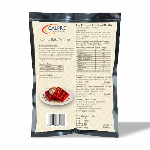 Image of Calpro's Eggfree Red Velvet Waffle Mix: Instant Premix for Baking | Crunch And Crust,Sweet Flavours ! Ready in Min ! Melt-In-Mouth -100% Vegetarian ! Cake Mix Power 450grm