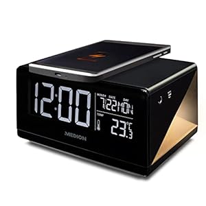 MEDION E75009 Wekker met Qi-oplaadfunctie (alarmstation, laadstation, inductief opladen, temperatuurweergave, snoozefunctie, timer, displaydimmer) Zwart
