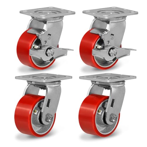 4" Heavy Duty Caster Wheels, Polyurethane Industrial Casters Set of 4 with Load 3200lbs Capacity