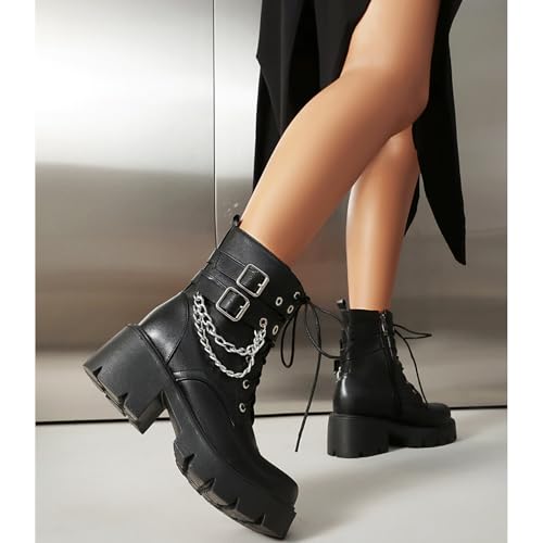 Image of MEOTINA Goth Platform Boots Combat Boots Chunky Heel Ankle Booties for Women Punk Buckle Gothic Boot with Zipper Lace Up Dress Shoes Black /White